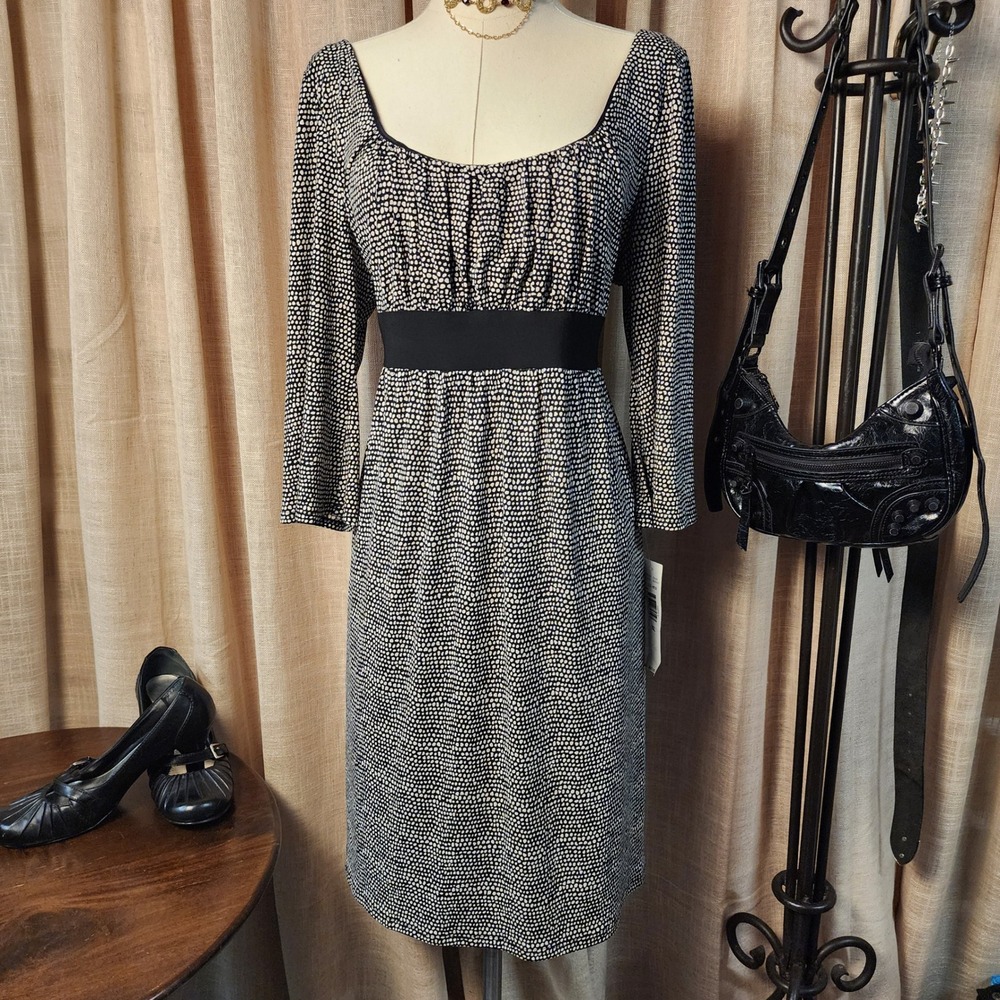 Blu Sage Dress XL Black White Dot Empire Waist 3/4 Sleeve Knee Length